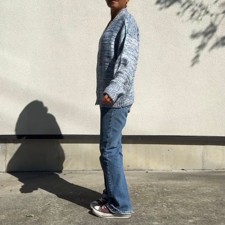 Two-Tone Mohair Touch Relaxed Knit Cardigan  Blue x White