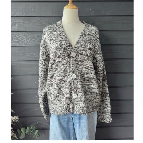 Two-Tone Mohair Touch Relaxed Knit Cardigan  Brown x Gray