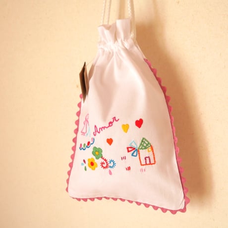 恋人たちのハンカチ刺繍のパン袋（ローズピンク）