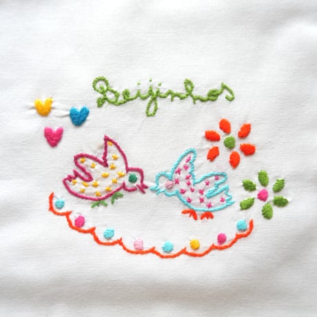 恋人たちのハンカチ刺繍のパン袋（鳩／黄緑）