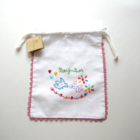恋人たちのハンカチ刺繍のパン袋（鳩／ローズピンク）