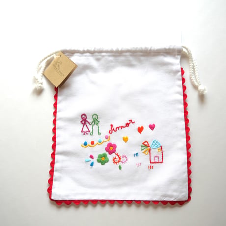 恋人たちのハンカチ刺繍のパン袋（赤）