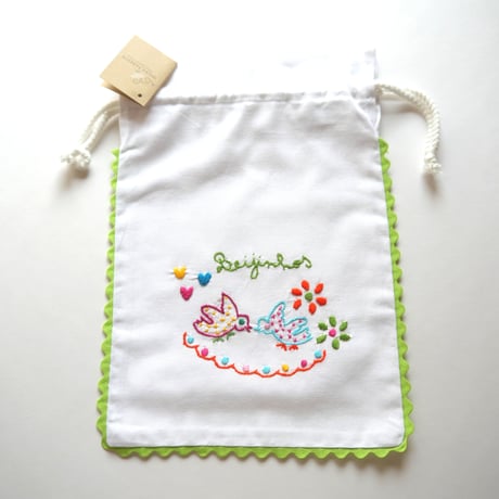 恋人たちのハンカチ刺繍のパン袋（鳩／黄緑）