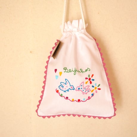 恋人たちのハンカチ刺繍のパン袋（鳩／ローズピンク）