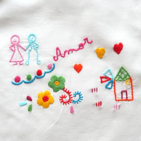 恋人たちのハンカチ刺繍のパン袋（ローズピンク）