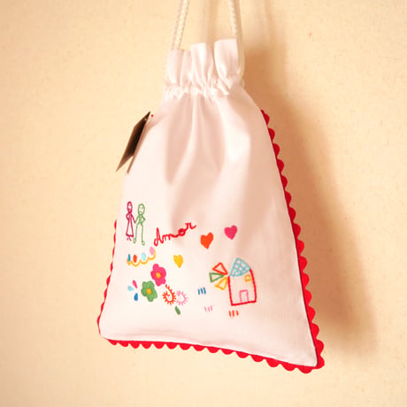 恋人たちのハンカチ刺繍のパン袋（赤）