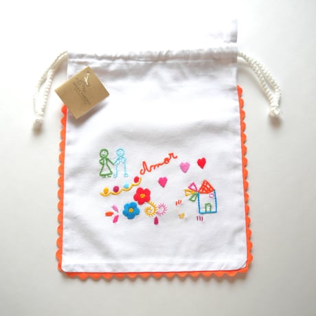 恋人たちのハンカチ刺繍のパン袋（オレンジ）