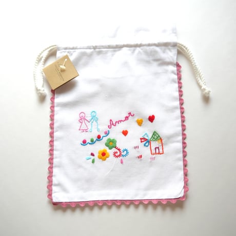 恋人たちのハンカチ刺繍のパン袋（ローズピンク）