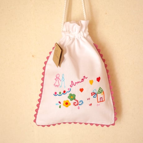 恋人たちのハンカチ刺繍のパン袋（ローズピンク）