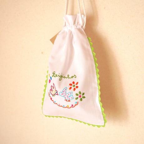 恋人たちのハンカチ刺繍のパン袋（鳩／黄緑）