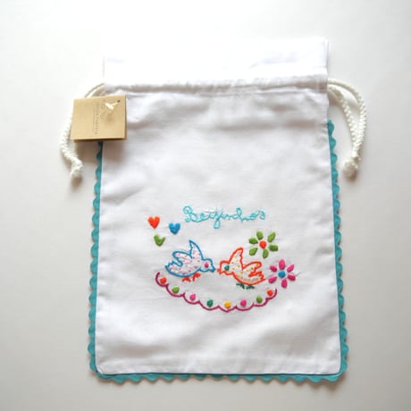 恋人たちのハンカチ刺繍のパン袋（鳩／水色）