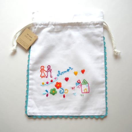 恋人たちのハンカチ刺繍のパン袋（水色）