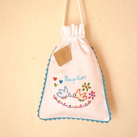 恋人たちのハンカチ刺繍のパン袋（鳩／水色）