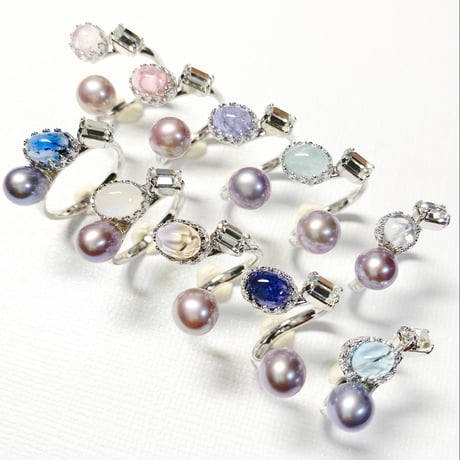 Ortensia Pearl×Candy gemstones/フォークリング 11号〜12号(✣シルバーカラー金具)