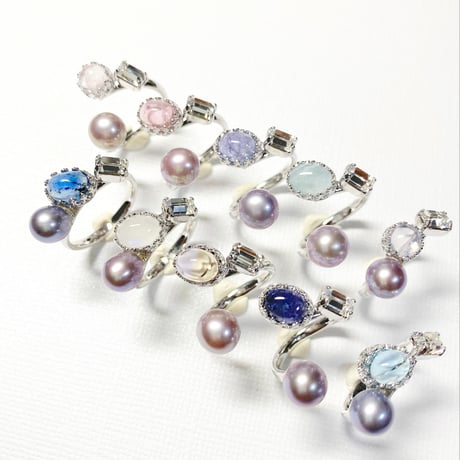 Ortensia Pearl×Candy gemstones/フォークリング 11号〜12号(✣シルバーカラー金具)