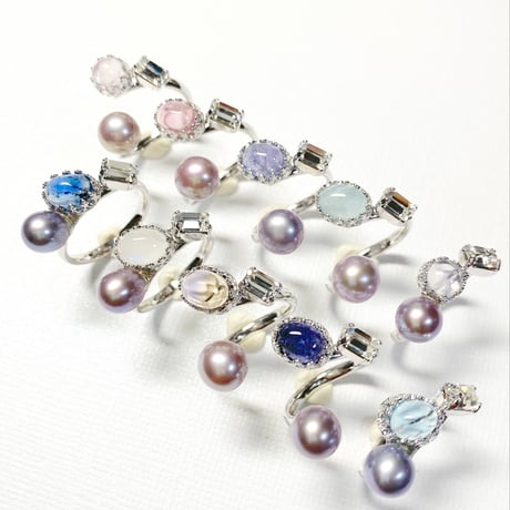 Ortensia Pearl×Candy gemstones/フォークリング 11号〜12号(✣シルバーカラー金具)