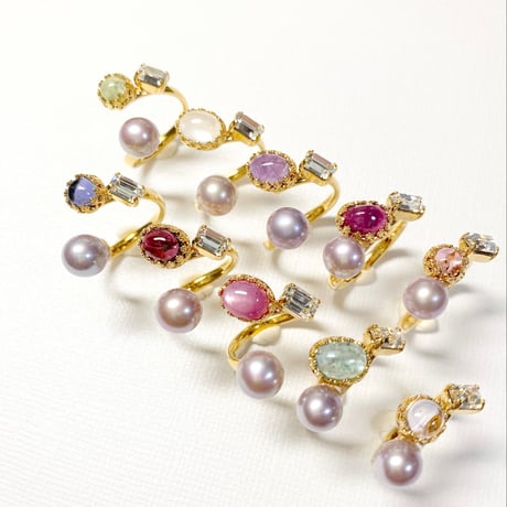 Ortensia Pearl×Candy gemstones/フォークリング 11号〜12号(✣ゴールドカラー金具)
