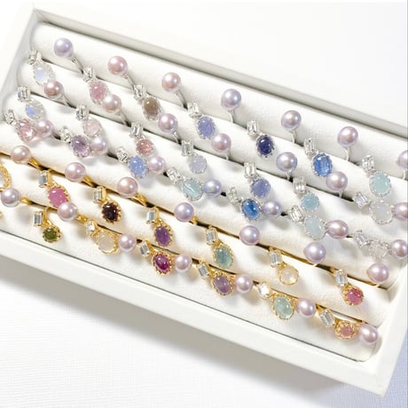 Ortensia Pearl×Candy gemstones/フォークリング 11号〜12号(✣ゴールドカラー金具)