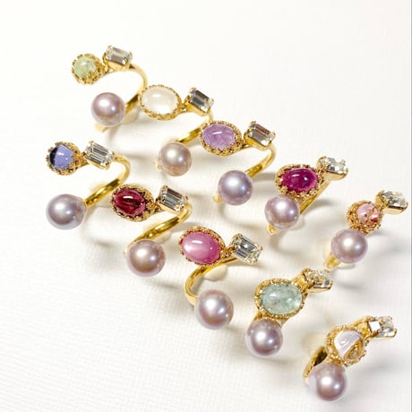 Ortensia Pearl×Candy gemstones/フォークリング 11号〜12号(✣ゴールドカラー金具)