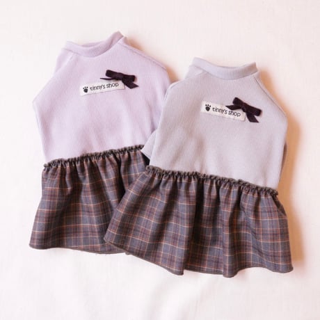 ベルベットリボンのワンピース（グレー×チェック）