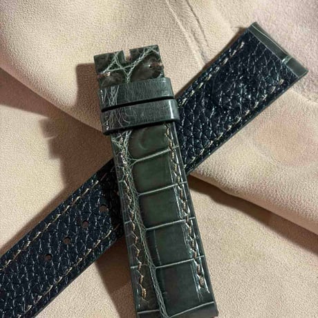 cro-2168 クロコダイル  腕時計ベルト グロス仕上げ オリーブ (ラグ幅21 mm - バックル幅18 mm)