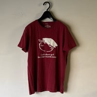 (B) WASEDA 早稲田大学 Ｔシャツ (Mサイズ) 90s00s アーカイブ カレッジロゴ フクちゃんプリント エンジ 角帽イラスト 両面ロゴプリント ヴィンテージT 古着 中古 良品