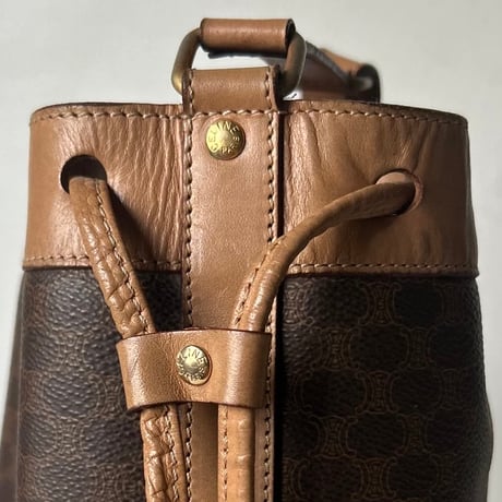 CELINE オールドセリーヌ 80sヴィンテージマカダム柄 PVC/レザー 巾着型ショルダーバッグ ポーチ付き G金具  良品