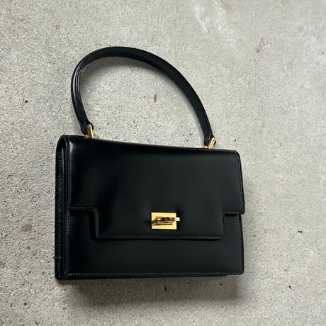 GUCCI  オールドグッチ 70sヴィンテージ ボックスカーフ ケリー型ハンドバッグ 筆記体ロゴ ブラック/ゴールド金具  付属品(保存袋 レザーミニポーチ フラッシャー)有 極美品