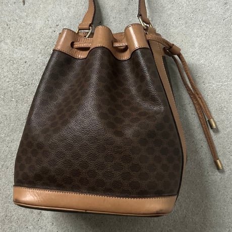 CELINE オールドセリーヌ 80sヴィンテージマカダム柄 PVC/レザー 巾着型ショルダーバッグ ポーチ付き G金具  良品