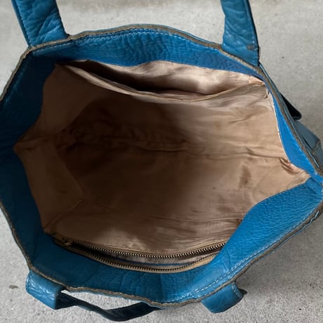 60s-70s ヴィンテージ レザー トートバッグ ショルダーバッグ  セルリアンブルー 本革 立体3ポケット  日本古道具 japan vintage⁠