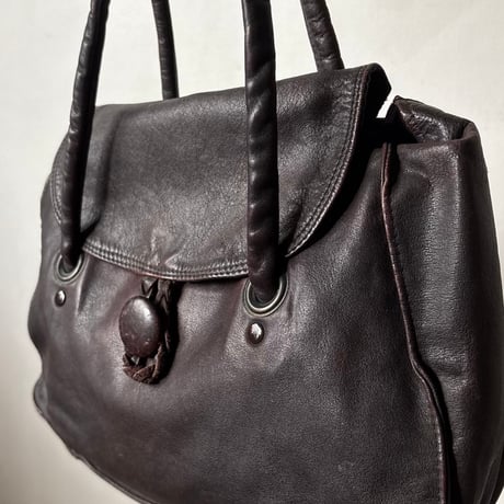 60s-70s ヴィンテージ レザー ハンドバッグ  ラムレザー 本革 フラップバッグ  ブラウンレザー くるみボタン 日本古道具 japan vintage⁠