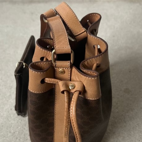 CELINE オールドセリーヌ 80sヴィンテージマカダム柄 PVC/レザー 巾着型ショルダーバッグ ポーチ付き G金具  良品