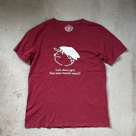 (A) WASEDA 早稲田大学 Ｔシャツ (Lサイズ) 90s00s アーカイブ カレッジロゴ フクちゃんプリント エンジ 角帽イラスト 両面ロゴプリント ヴィンテージT 古着 中古 良品