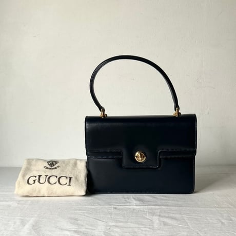 GUCCI  オールドグッチ 70sヴィンテージ ボックスカーフ ケリー型Wフラップハンドバッグ 筆記体ロゴ ダークネイビー/ゴールド金具  付属品(保存袋 付属ミラー)有 極美品
