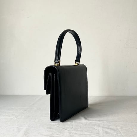 GUCCI  オールドグッチ 70sヴィンテージ ボックスカーフ ケリー型Wフラップハンドバッグ 筆記体ロゴ ダークネイビー/ゴールド金具  付属品(保存袋 付属ミラー)有 極美品