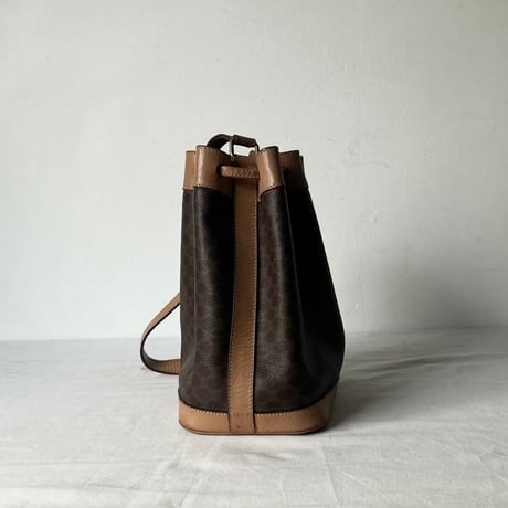 CELINE オールドセリーヌ 80sヴィンテージマカダム柄 PVC/レザー 巾着型ショルダーバッグ ポーチ付き G金具  良品