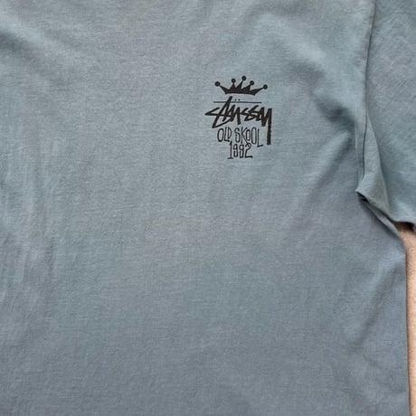 90s OLD STUSSY オールドステューシー   "OLD SKOOL 1992" クラウンロゴ Tシャツ  黒タグ made in USA (タグ欠損) サックス size M  used