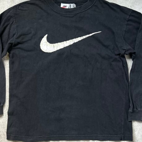 90s NIKE ナイキ ビッグスウッシュ ヴィンテージTシャツ ロンT ブラック 両面プリント size S  白タグ 長袖 Tシャツ  黒  used  made in USA