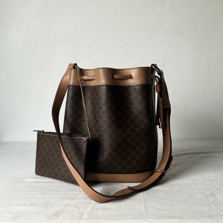 CELINE オールドセリーヌ 80sヴィンテージマカダム柄 PVC/レザー 巾着型ショルダーバッグ ポーチ付き G金具  良品
