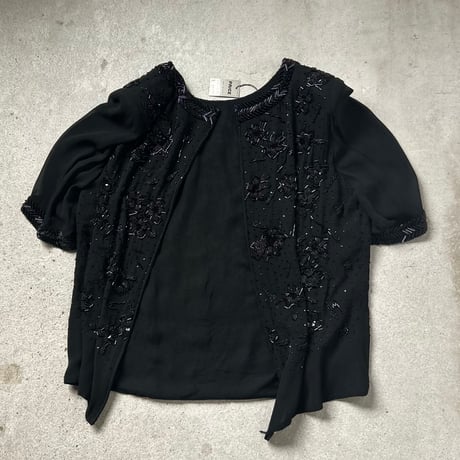 Christian Dior BOUTIQUE クリスチャンディオール ブティック 70sヴィンテージ ビーズ＆スパンコール刺繍 ハンドクラフト イブニングフォーマル 黒 DS美品