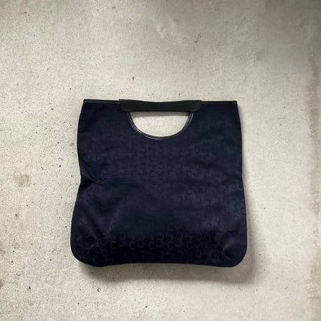 CELINE オールドセリーヌ 70sヴィンテージ  Cマカダム（Cサルキー） 馬車ロゴレザーエンブレム  くり手 ハンドバッグ くり抜きトート ネイビー デッドストック未使用品
