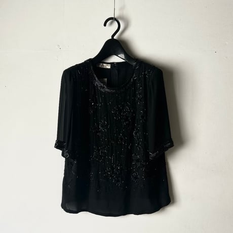 Christian Dior BOUTIQUE クリスチャンディオール ブティック 70sヴィンテージ ビーズ＆スパンコール刺繍 ハンドクラフト イブニングフォーマル 黒 DS美品