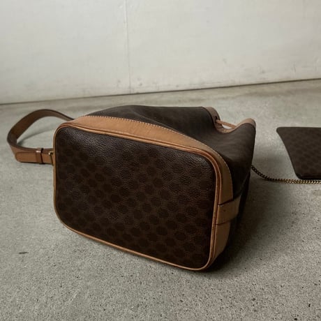 CELINE オールドセリーヌ 80sヴィンテージマカダム柄 PVC/レザー 巾着型ショルダーバッグ ポーチ付き G金具  良品