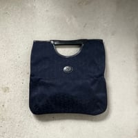CELINE オールドセリーヌ 70sヴィンテージ  Cマカダム（Cサルキー） 馬車ロゴレザーエンブレム  くり手 ハンドバッグ くり抜きトート ネイビー デッドストック未使用品