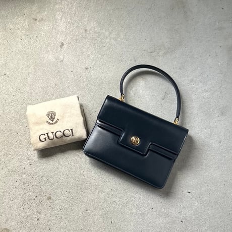 GUCCI  オールドグッチ 70sヴィンテージ ボックスカーフ ケリー型Wフラップハンドバッグ 筆記体ロゴ ダークネイビー/ゴールド金具  付属品(保存袋 付属ミラー)有 極美品