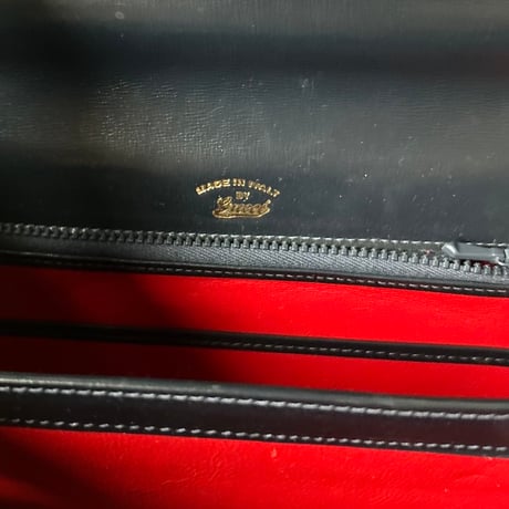 GUCCI  オールドグッチ 70sヴィンテージ ボックスカーフ ケリー型Wフラップハンドバッグ 筆記体ロゴ ダークネイビー/ゴールド金具  付属品(保存袋 付属ミラー)有 極美品