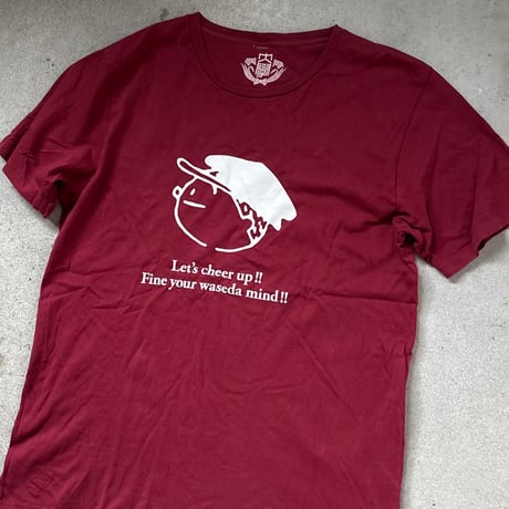 (A) WASEDA 早稲田大学 Ｔシャツ (Lサイズ) 90s00s アーカイブ カレッジロゴ フクちゃんプリント エンジ 角帽イラスト 両面ロゴプリント ヴィンテージT 古着 中古 良品