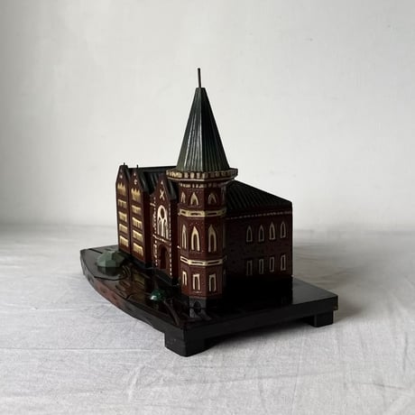 1967年製 慶應義塾大学 卒業記念品  旧図書館 モチーフ 木彫り オルゴール付 引き出し タバコケース 三田キャンパス ヴィンテージ模型 美品