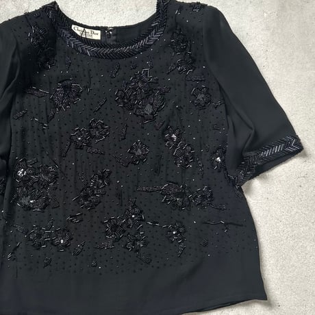Christian Dior BOUTIQUE クリスチャンディオール ブティック 70sヴィンテージ ビーズ＆スパンコール刺繍 ハンドクラフト イブニングフォーマル 黒 DS美品