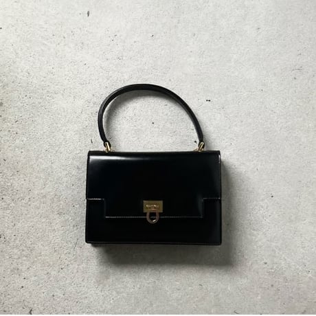 GUCCI  オールドグッチ 70sヴィンテージ ボックスカーフ ケリー型ハンドバッグ 筆記体ロゴ ブラック/ゴールド金具  付属品(保存袋 レザーミニポーチ フラッシャー)有 極美品